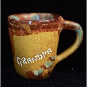 Studio Art Pottery Clay Mug Grandpa Drip Glaze Signed Coffee Tea Brown Teal Cup